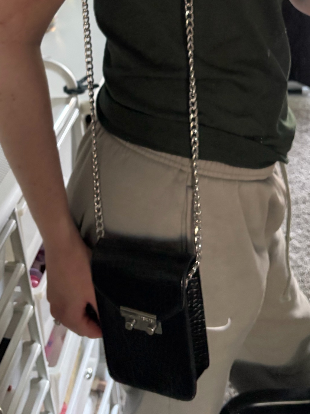 Dark Green Logo Tee With Black Crossbody Bag
